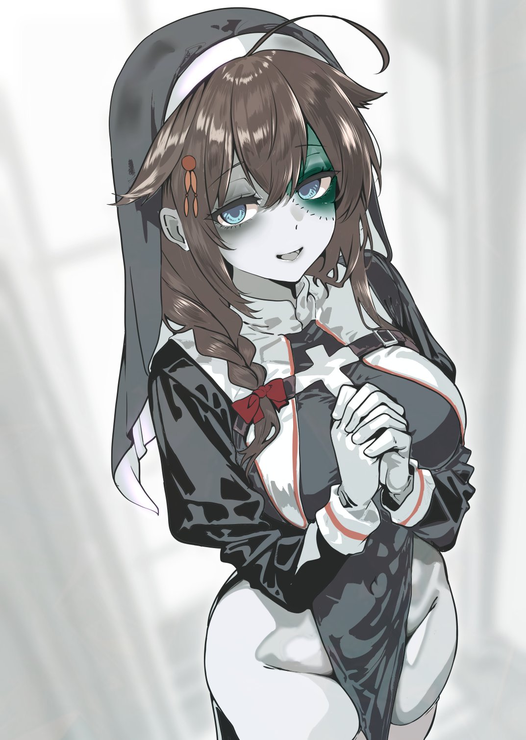 kokutou (goto123kokutoh), shigure (kancolle), shigure kai san (kancolle), kantai collection, commentary request, highres, 1girl, ahoge, alternate costume, black dress, black hair, black veil, blue eyes, braid, breasts, coif, colored skin, cross, dress, grey skin, guimpe, hair between eyes, hair flaps, hair over shoulder, large breasts, long hair, looking at viewer, nun, own hands clasped, own hands together, pelvic curtain, single braid, solo, thighhighs, veil, white thighhighs, zombie