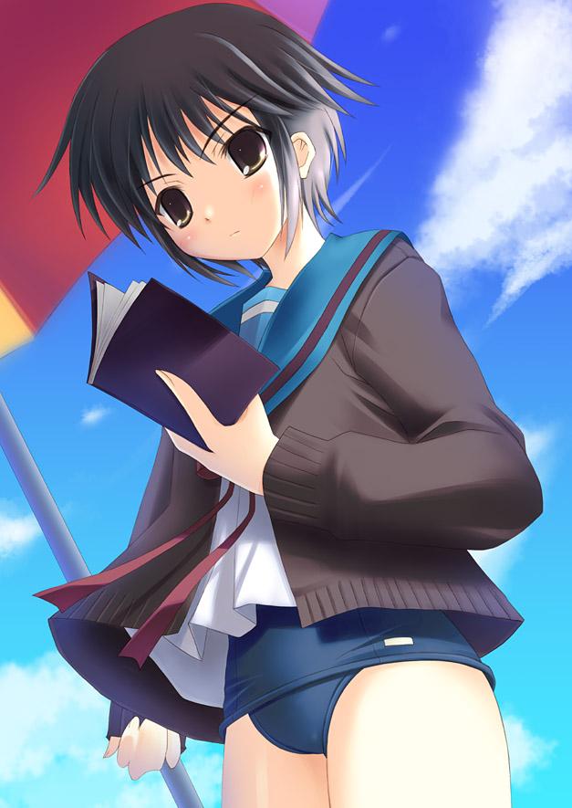 nagato yuki, suzumiya haruhi no yuuutsu, 00s, school uniform, serafuku, swimsuit, swimsuit under clothes