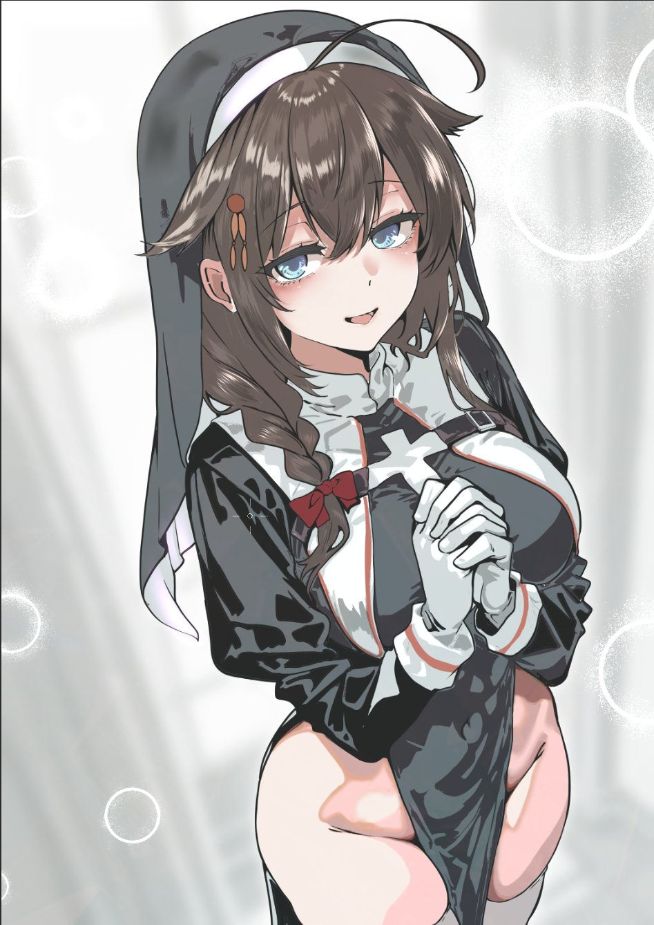 kokutou (goto123kokutoh), shigure (kancolle), shigure kai san (kancolle), kantai collection, commentary request, highres, 1girl, ahoge, alternate costume, black dress, black hair, black veil, blue eyes, braid, breasts, coif, colored skin, cross, dress, guimpe, hair between eyes, hair flaps, hair over shoulder, large breasts, lens flare, long hair, looking at viewer, nun, own hands clasped, own hands together, pelvic curtain, single braid, solo, thighhighs, veil, white thighhighs