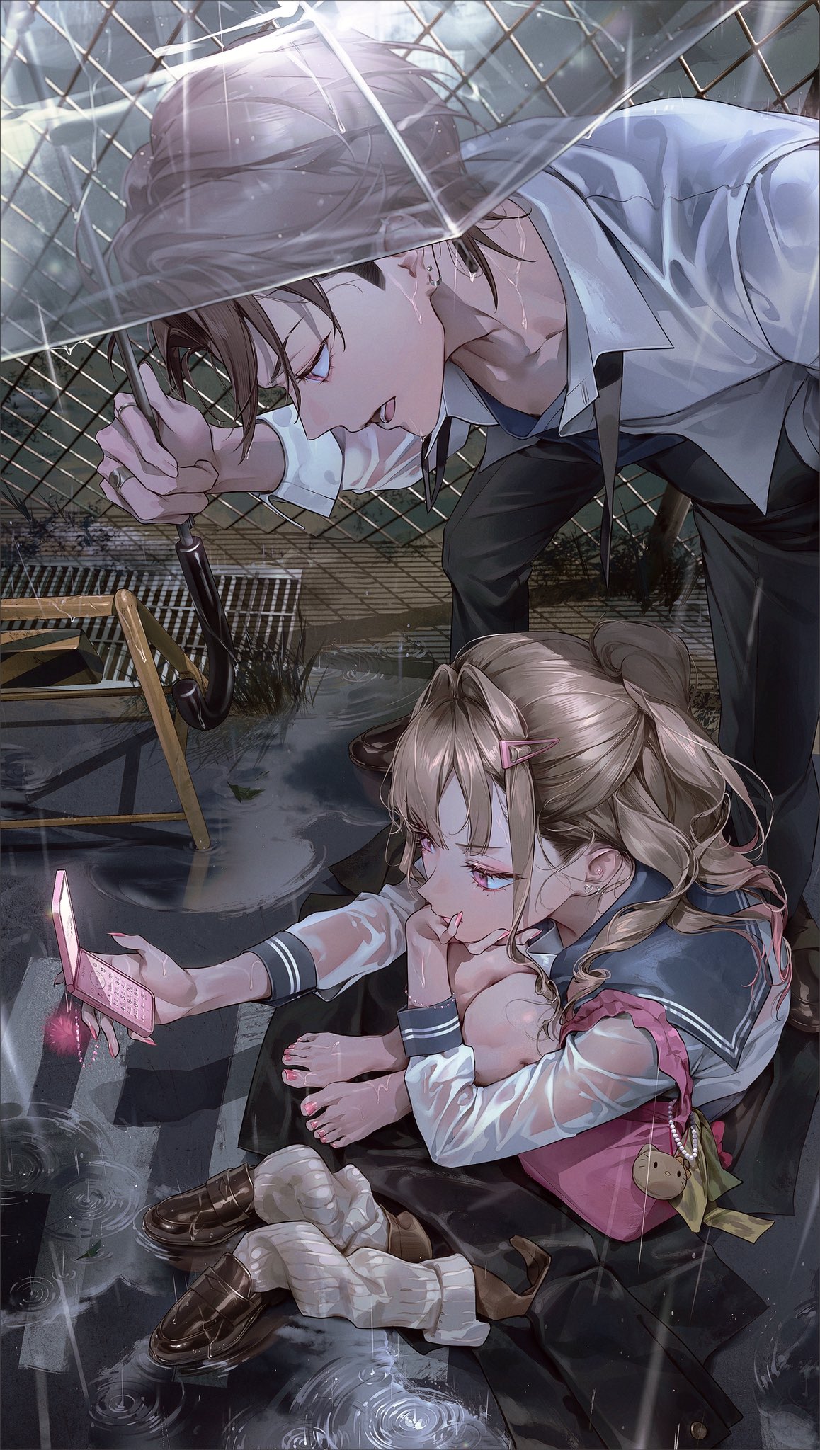 hvvvzzz, original, highres, 1boy, 1girl, bag, barefoot, bent over, black pants, blonde hair, brown hair, cellphone, chain-link fence, collared shirt, fence, flip phone, hair intakes, hair ornament, hair pulled back, hairclip, handbag, holding, holding phone, loose necktie, nail polish, necktie, open mouth, pants, phone, pink eyes, pink nails, rain, school uniform, serafuku, shirt, short hair, sitting, transparent, transparent umbrella, umbrella, water, white shirt