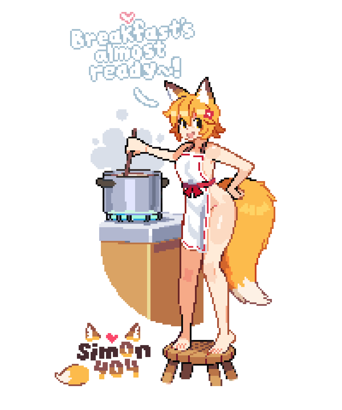 sim0n404, senko (sewayaki kitsune no senko-san), sewayaki kitsune no senko-san, commentary, english commentary, highres, 1girl, :d, adapted costume, animal ears, apron, artist name, barefoot, blonde hair, cooking, cooking pot, english text, flower, fox ears, fox girl, fox tail, full body, hair between eyes, hair flower, hair ornament, hand on own hip, heart, looking at viewer, naked apron, open mouth, pixel art, short hair, simple background, smile, solo, standing, steam, stool, tail, white background, yellow eyes