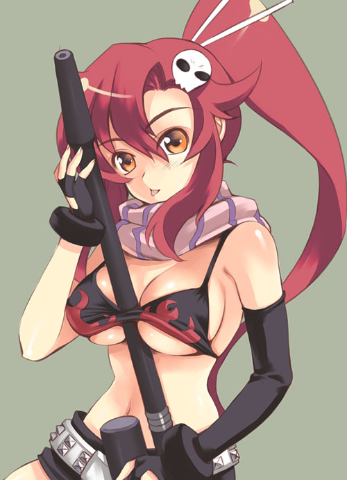uk-works, yoko littner, tengen toppa gurren lagann, 00s, 1girl, anti-materiel rifle, asymmetrical gloves, belt, between breasts, bikini, bikini top only, black bikini, breasts, female focus, fingerless gloves, gloves, gun, hair ornament, midriff, ponytail, red hair, rifle, scarf, shorts, sidelocks, sniper rifle, solo, striped clothes, striped scarf, studded belt, swimsuit, uneven gloves, weapon