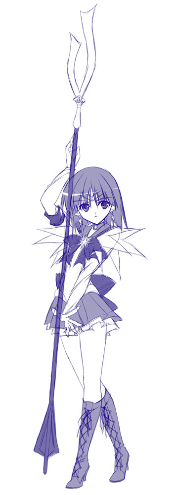 sailor saturn, tomoe hotaru, bishoujo senshi sailor moon, 1990s (style), 1girl, choker, female focus, monochrome, retro artstyle, school uniform, serafuku, short hair, sketch, solo