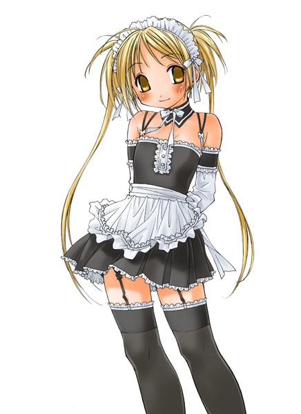 sawatari mitsuki, kore ga watashi no goshujin-sama, tagme, 00s, 1girl, apron, arms behind back, bare shoulders, black thighhighs, blonde hair, breasts, dot nose, elbow gloves, feet out of frame, female focus, flat chest, garter straps, gloves, long hair, looking at viewer, maid, maid headdress, nakabayashi yoshitaka's maid uniform, simple background, small breasts, solo, standing, thighhighs, twintails, waist apron, white background, yellow eyes, zettai ryouiki