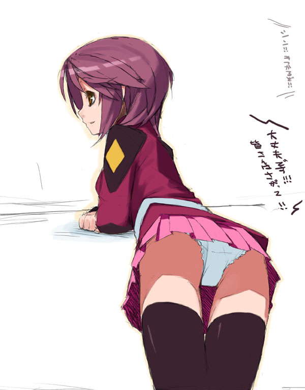 kusaka kokage, lunamaria hawke, gundam, gundam seed, gundam seed destiny, 00s, ass, bent over, miniskirt, panties, pantyshot, skirt, solo, thighhighs, underwear