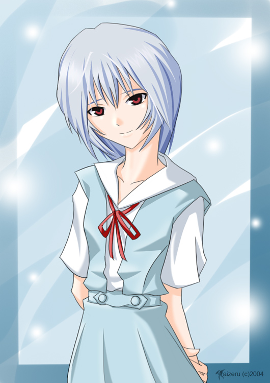 ayanami rei, neon genesis evangelion, blue hair, red eyes, school uniform, serafuku