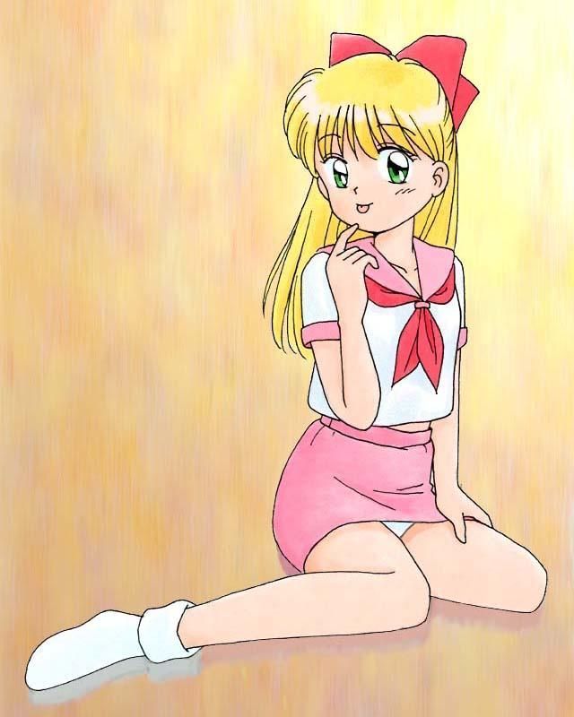 aino minako, bishoujo senshi sailor moon, 1990s (style), 1girl, :p, blonde hair, female focus, green eyes, panties, retro artstyle, school uniform, serafuku, socks, solo, tongue, tongue out, underwear