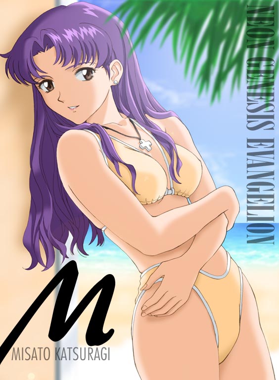 tony taka, katsuragi misato, neon genesis evangelion, 1girl, bikini, brown eyes, character name, copyright name, female focus, jewelry, long hair, looking at viewer, necklace, pendant, purple hair, solo, standing, swimsuit