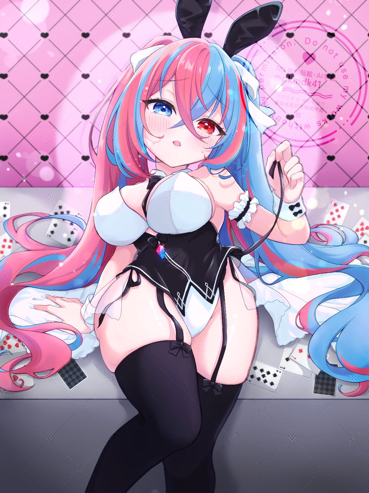 nkmdk41, female alear (fire emblem), fire emblem, fire emblem engage, nintendo, highres, 1girl, animal ears, armband, ass, bare shoulders, black leotard, black thighhighs, blue eyes, blue hair, blush, bow, breasts, card, cleavage, crossed bangs, fake animal ears, garter straps, hair between eyes, hair bow, hair ornament, heterochromia, large breasts, leotard, long hair, looking at viewer, multicolored hair, open mouth, playboy bunny, playing card, rabbit ears, red eyes, red hair, skindentation, solo, split-color hair, thick thighs, thighhighs, thighs, two-tone hair, very long hair, white bow, white leotard, wrist cuffs