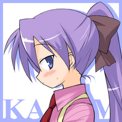 mizuno kurage, hiiragi kagami, lucky star, lowres, 00s, alternate hairstyle, necktie, ponytail, solo