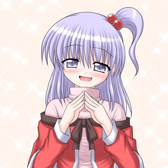 bococho, shinki (touhou), mystic square, touhou, touhou (pc-98), light purple hair, 1girl, blush, capelet, female focus, hair bobbles, hair ornament, long hair, purple eyes, side ponytail, smile, solo, upper body