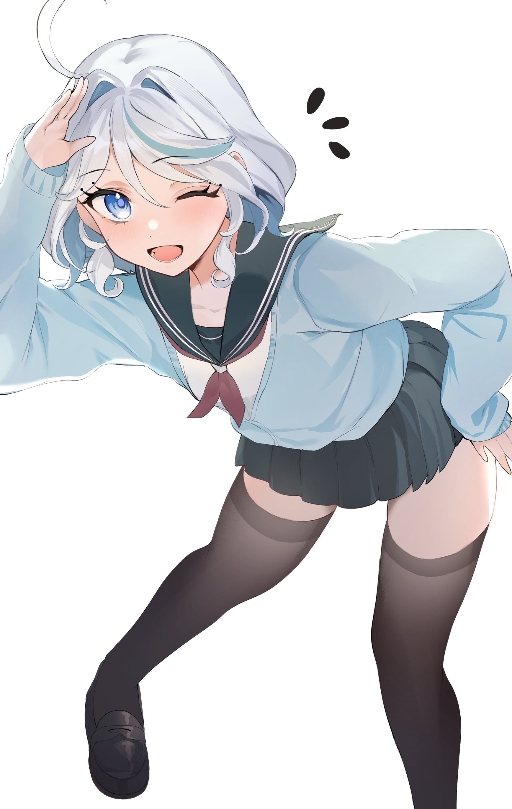 mochi nabe, furina (genshin impact), genshin impact, absurdres, commentary request, highres, 1girl, ;d, ahoge, arm up, black sailor collar, black shoes, black skirt, blue cardigan, blue eyes, blue hair, brown thighhighs, cardigan, grey hair, hair intakes, hand on own hip, leaning forward, loafers, long sleeves, looking at viewer, multicolored hair, neckerchief, notice lines, one eye closed, open mouth, pleated skirt, puffy long sleeves, puffy sleeves, red neckerchief, sailor collar, school uniform, serafuku, shirt, shoes, simple background, skirt, sleeves past wrists, smile, solo, standing, streaked hair, thighhighs, white background, white shirt