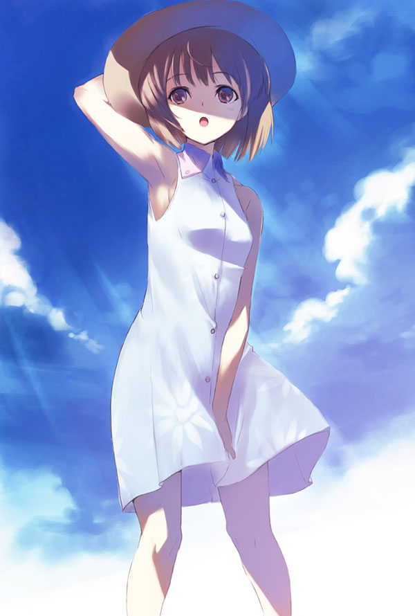 kawata hisashi, hagiwara yukiho, idolmaster, idolmaster (classic), idolmaster 1, 00s, 1girl, armpits, bare shoulders, bob cut, brown eyes, brown hair, cloud, day, dress, dress tug, female focus, hand on headwear, hat, sky, sleeveless, sleeveless dress, solo, wind