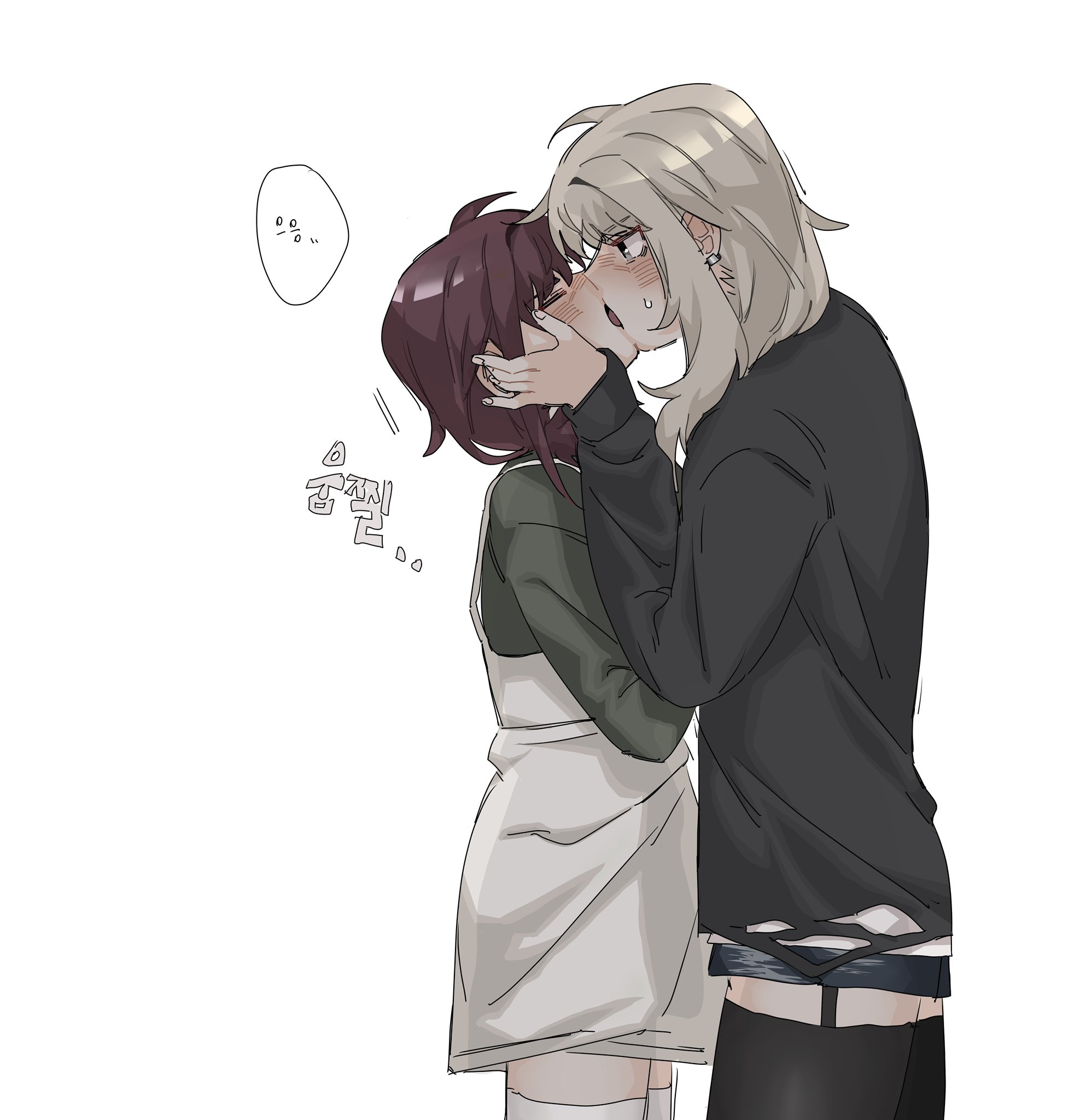 maegkaen, iseri nina, kawaragi momoka, girls band cry, highres, 2girls, black leggings, black shirt, blue shorts, blush, closed eyes, earrings, french kiss, green shirt, grey eyes, grey hair, hands on another's cheeks, hands on another's face, jewelry, kiss, korean text, leggings, multiple girls, overalls, purple hair, shirt, shirt under shirt, short hair, shorts, simple background, sweat, white background, white leggings, white overalls, white shirt, yuri