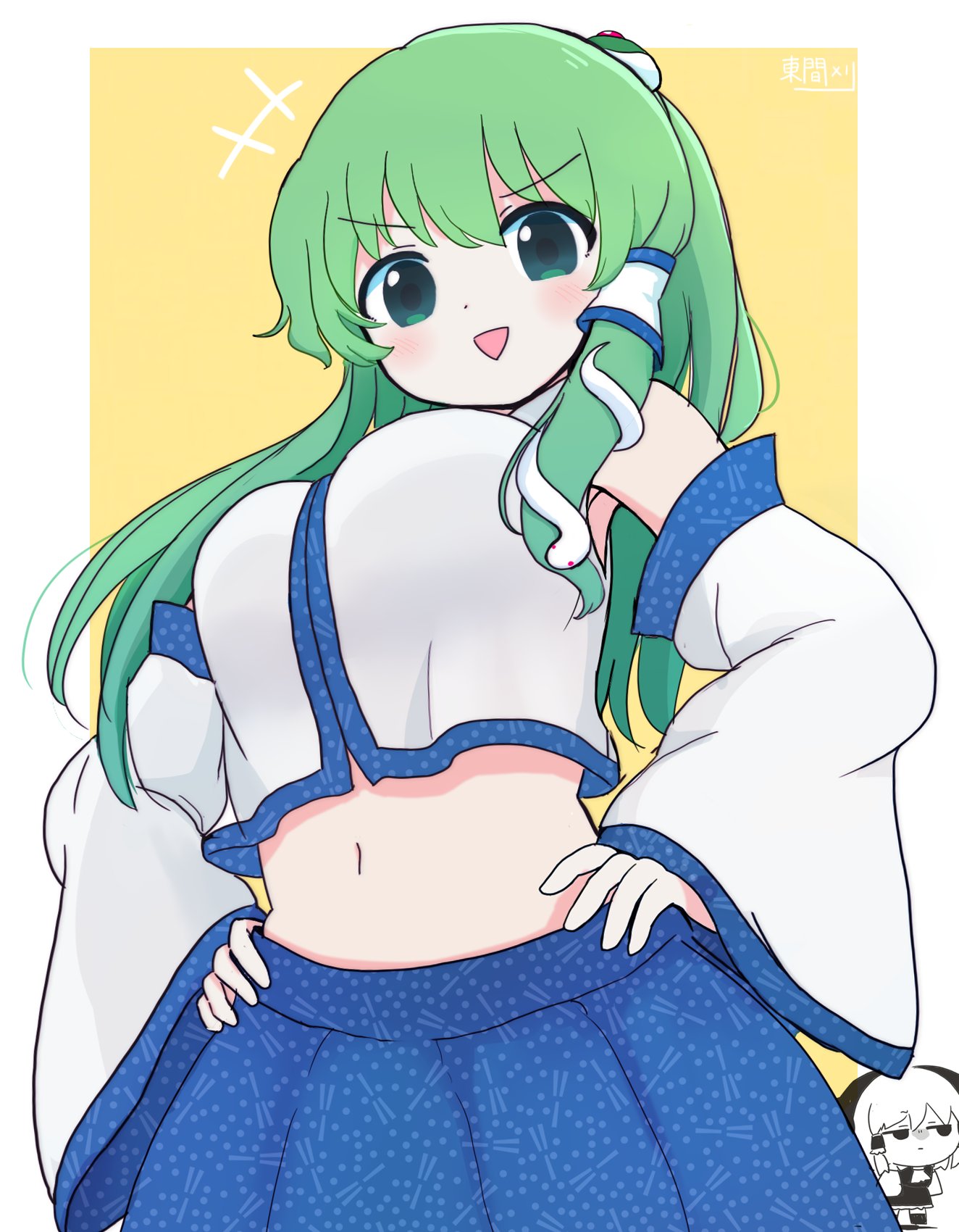 azuma meri, hakurei reimu, kochiya sanae, touhou, highres, +++, 2girls, :d, ascot, blue skirt, breasts, cowboy shot, detached sleeves, frog hair ornament, green eyes, green hair, hair ornament, hands on own hips, large breasts, long hair, long sleeves, looking at viewer, midriff, multiple girls, navel, open mouth, shirt, skirt, sleeveless, sleeveless shirt, smile, snake hair ornament, v-shaped eyebrows, white shirt, white sleeves, wide sleeves