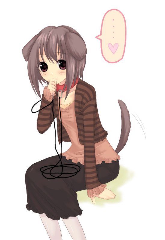 striped, artist request, tagme, 1girl, animal ears, collar, dog girl, female focus, looking at viewer, sitting, skirt, solo, tail
