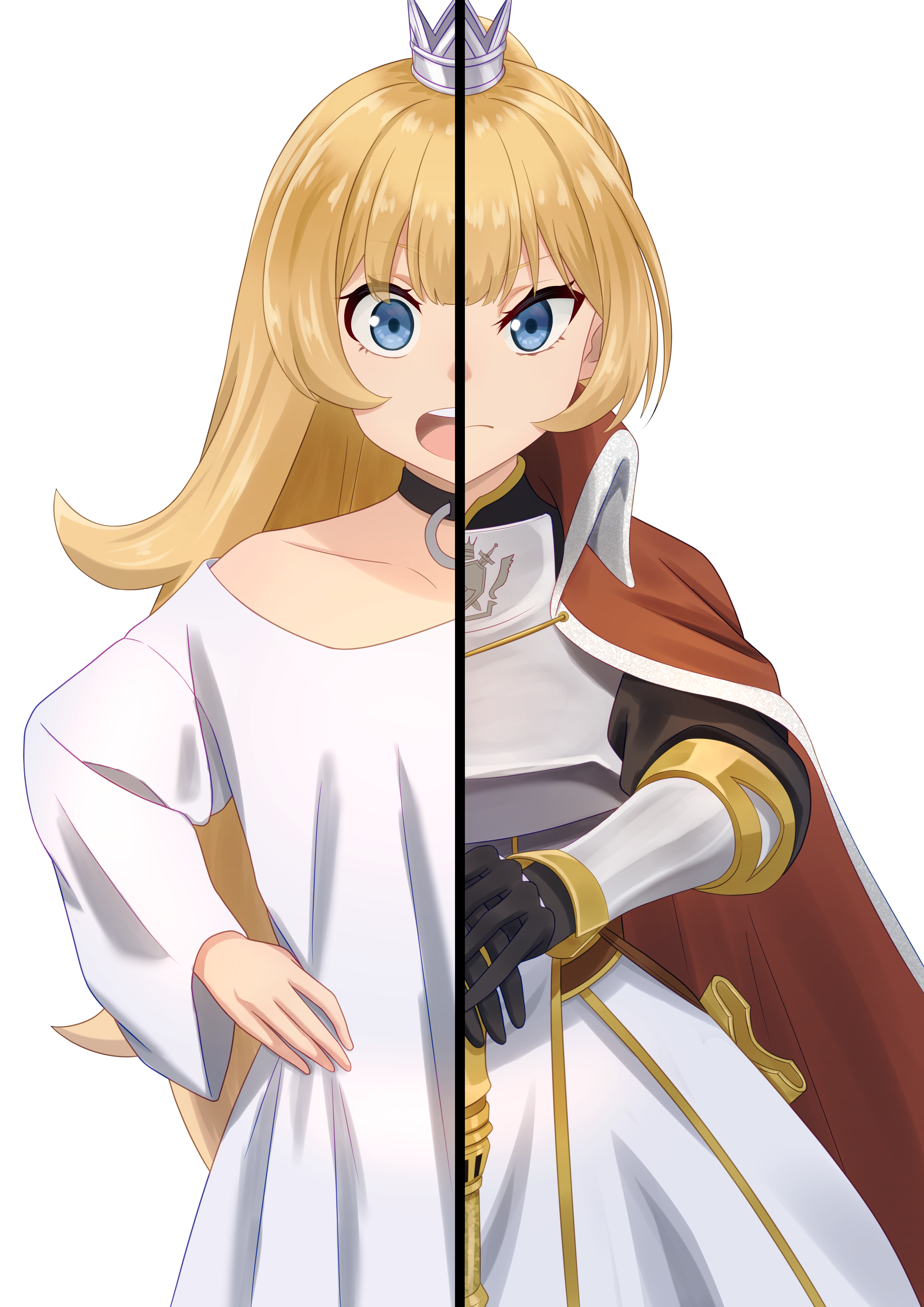 taqielang, hime (himesama goumon), hime-sama "goumon" no jikan desu, absurdres, highres, 1girl, arm guards, black choker, black gloves, blonde hair, cape, chest guard, choker, closed mouth, collarbone, collared cape, crown, dress, gloves, holding, holding sword, holding weapon, long hair, looking at viewer, mini crown, open mouth, red cape, scabbard, sheath, silver crown, simple background, solo, split screen, split theme, sword, teeth, upper teeth only, very long hair, weapon, white background, white dress