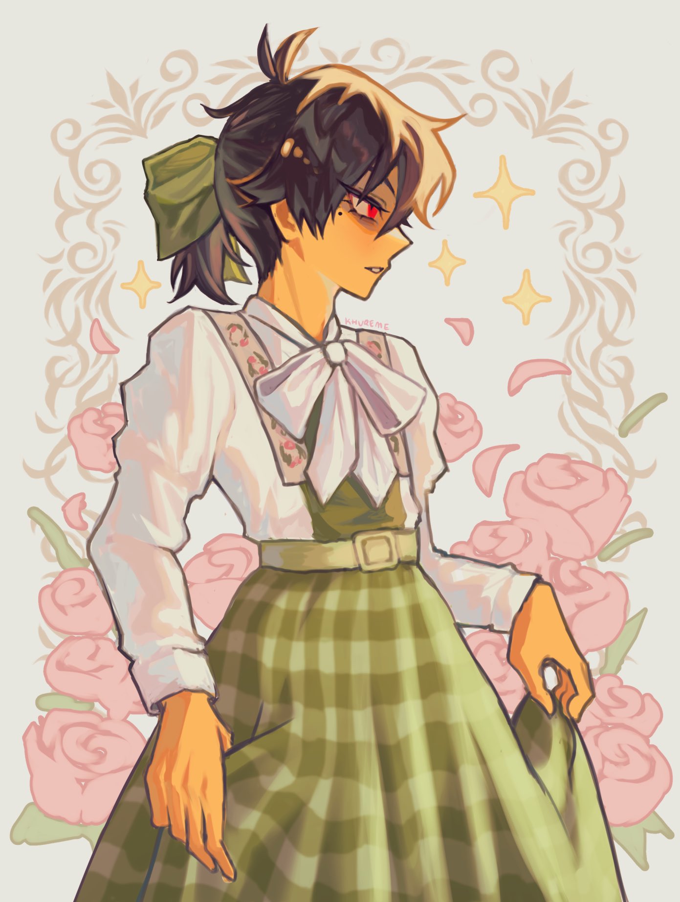 kris (deltarune), deltarune, utdr (toby fox), highres, 1other, alternate costume, belt, bow, colored skin, country lolita, dress, flower, hair bow, khureme, lolita fashion, mole, mole under eye, other focus, parted lips, pink flower, pink rose, red eyes, rose, shirt, solo, yellow skin