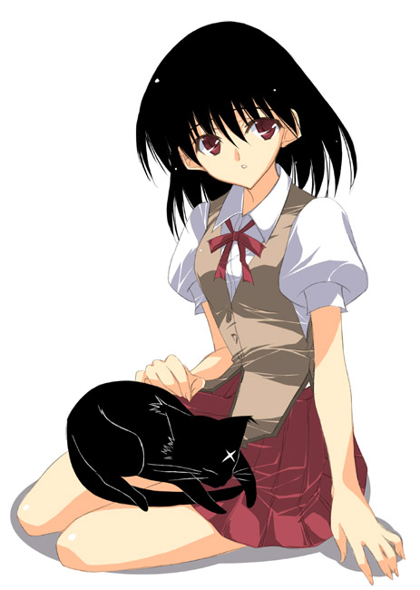 iori (school rumble), tsukamoto yakumo, school rumble, 00s, 1girl, black hair, cat, puffy short sleeves, puffy sleeves, red eyes, school uniform, short hair, short sleeves, simple background, sitting, white background, yokozuwari