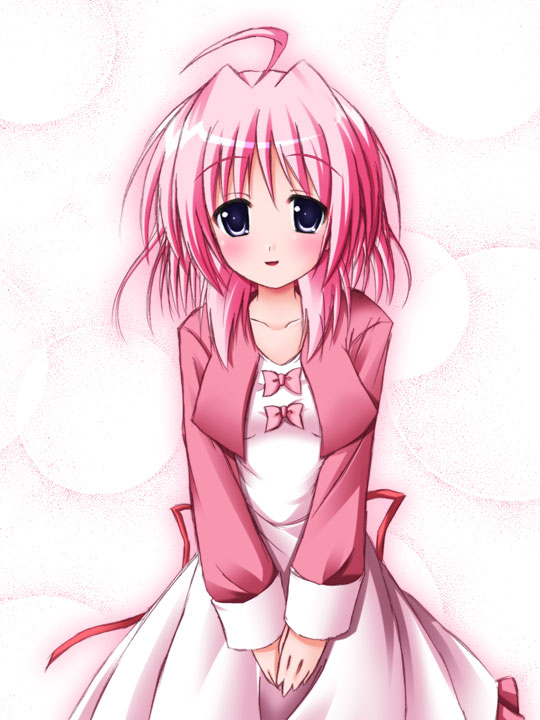 yoshiharu, caro ru lushe, lyrical nanoha, mahou shoujo lyrical nanoha, mahou shoujo lyrical nanoha strikers, 00s, 1girl, ahoge, blue eyes, blush, bow, bubble background, cowboy shot, cropped jacket, female focus, long sleeves, looking at viewer, own hands together, parted lips, pink bow, pink hair, skirt, smile, solo