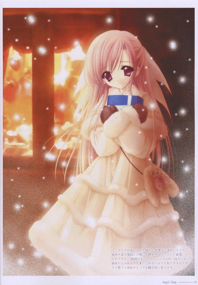 tinker bell (pixiv 10956015), merun, cafe little wish, scan, 1girl, dress, female focus, gift, long hair, mittens, pink eyes, pink hair, purple eyes, smile, snow, snowing, solo, stuffed animal, stuffed toy