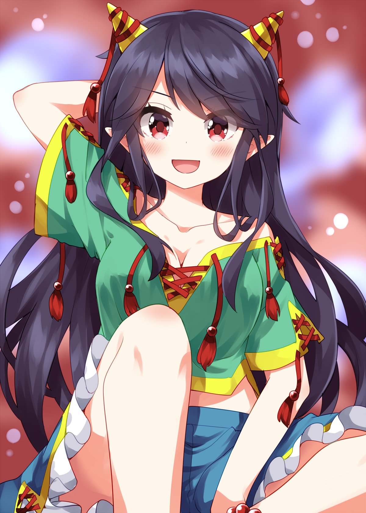 ruu (tksymkw), nippaku zanmu, touhou, commentary, highres, 1girl, :d, arm behind head, black hair, blue shorts, blurry, blurry background, blush, breasts, cleavage, collarbone, feet out of frame, green shirt, horns, long hair, looking at viewer, open mouth, red eyes, shirt, short sleeves, shorts, sitting, smile, solo, wide sleeves, yellow horns