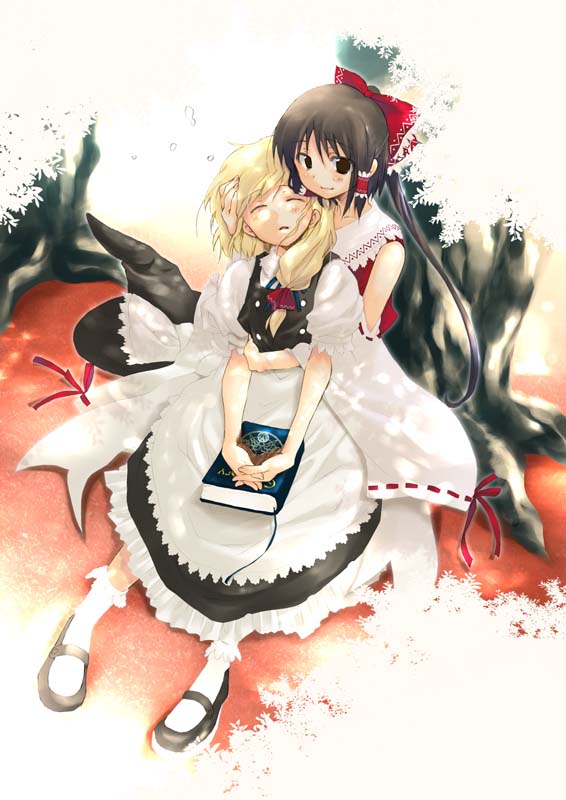 hakurei reimu, kirisame marisa, touhou, tagme, 2girls, female focus, gradient background, multiple girls, nature, plant, white background