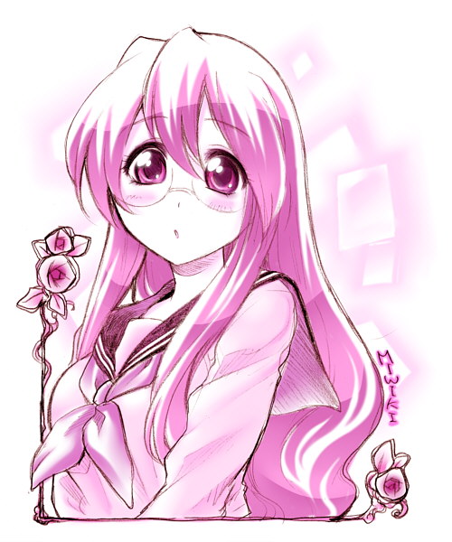 kitano tomotoshi, takara miyuki, lucky star, graphite (medium), mixed media, non-web source, traditional media, 00s, 1girl, :o, female focus, glasses, long hair, looking at viewer, monochrome, pink theme, school uniform, serafuku, sketch, solo, upper body