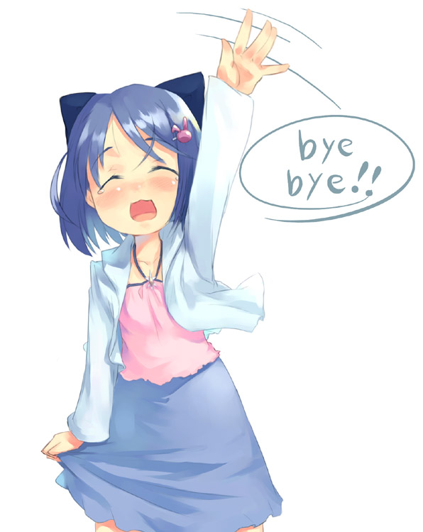 mikage sekizai, inamori mika, gakuen utopia manabi straight!, 00s, 1girl, arm up, blue hair, blush, bow, closed eyes, english text, female focus, hair bow, hair ornament, hairclip, rabbit hair ornament, shirt, short hair, skirt, smile, solo, waving, white background