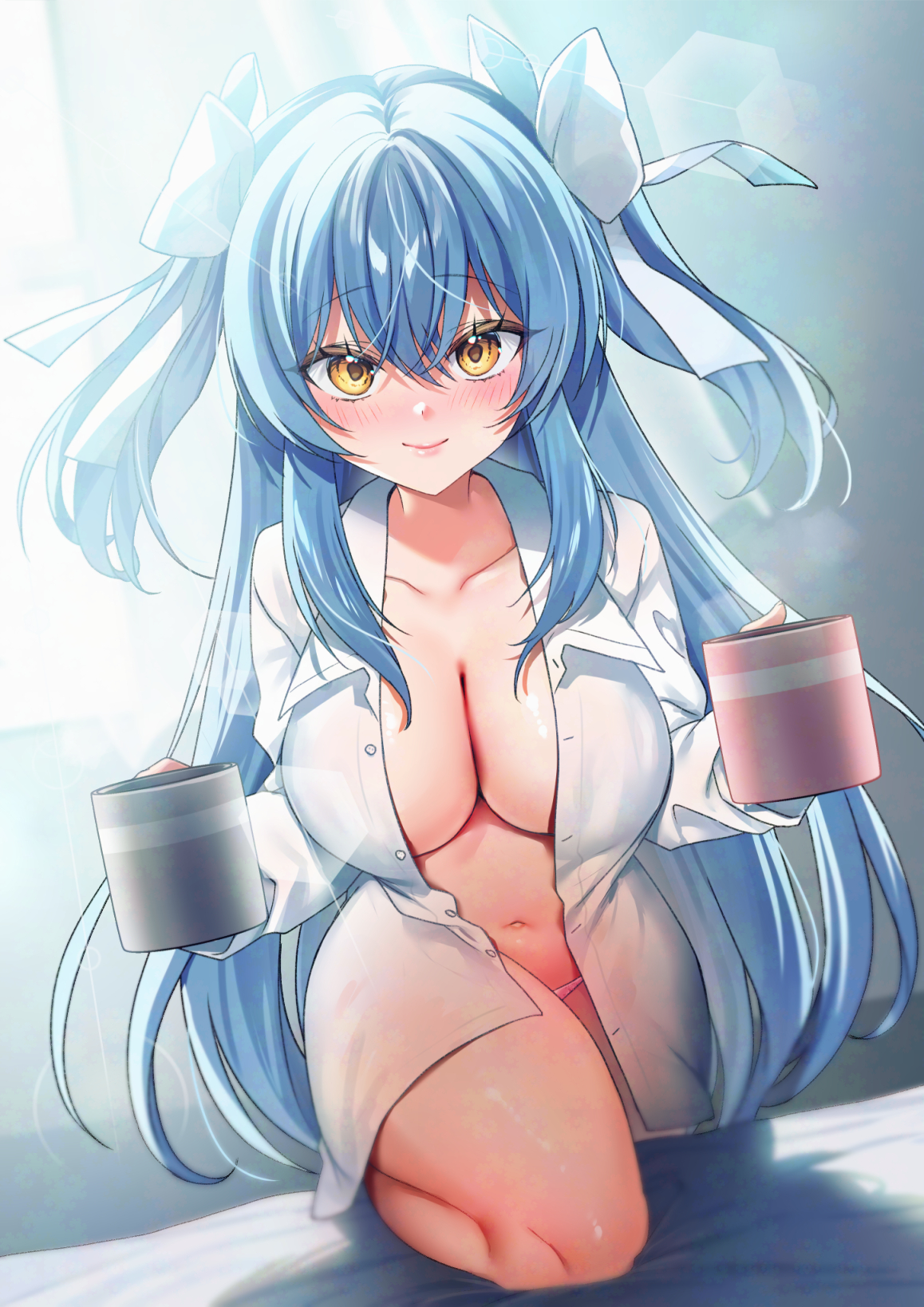 hanasaki mahiru, original, commission, highres, skeb commission, 1girl, bed sheet, blue hair, blush, bow, breasts, cleavage, closed mouth, collarbone, collared shirt, cup, curtains, hair between eyes, hair bow, hair ornament, holding, holding cup, indoors, large breasts, long hair, long sleeves, looking at viewer, navel, open clothes, open shirt, panties, shirt, smile, solo, steam, thighs, two side up, underwear, white bow, white panties, white shirt, yellow eyes