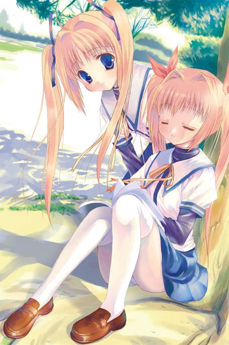 minato hiromu, brown footwear, 2girls, blonde hair, blue eyes, blue ribbon, blue skirt, blush, brown hair, bush, closed eyes, grass, hair ribbon, long hair, long sleeves, multiple girls, neck ribbon, panties, red ribbon, ribbon, school uniform, serafuku, shirt, shoes, sitting, skirt, thighhighs, tree, twintails, underwear, white panties, white shirt, white thighhighs, yellow ribbon