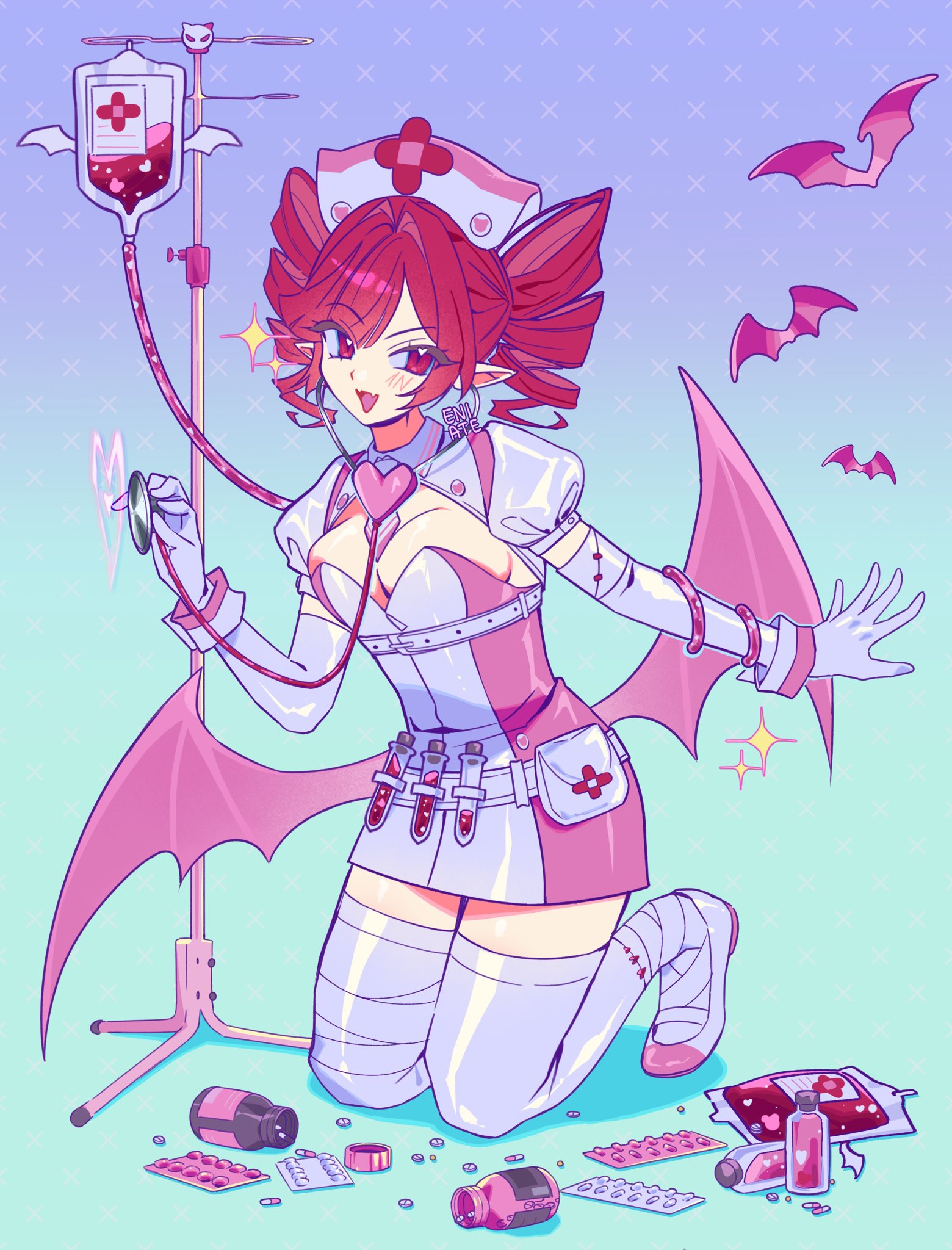 eni ate, buro (muse dash), buro (nocturne bloodheir) (muse dash), highres, 1girl, bandages, bat wings, belt, belt pouch, blister pack, blood, blood bag, bottle, breasts, cleavage, cross, cross background, demon wings, dress, drill hair, elbow gloves, fangs, full body, gloves, gradient background, hair intakes, hat, heart, heart ornament, holding, holding stethoscope, looking at viewer, low wings, medium breasts, microdress, necktie, nurse, nurse cap, pill, pill bottle, pointy ears, pouch, red cross, red eyes, red hair, shoes, shrug (clothing), simple background, solo, sparkle, stethoscope, swept bangs, test tube, twin drills, white shoes, white shrug, wings