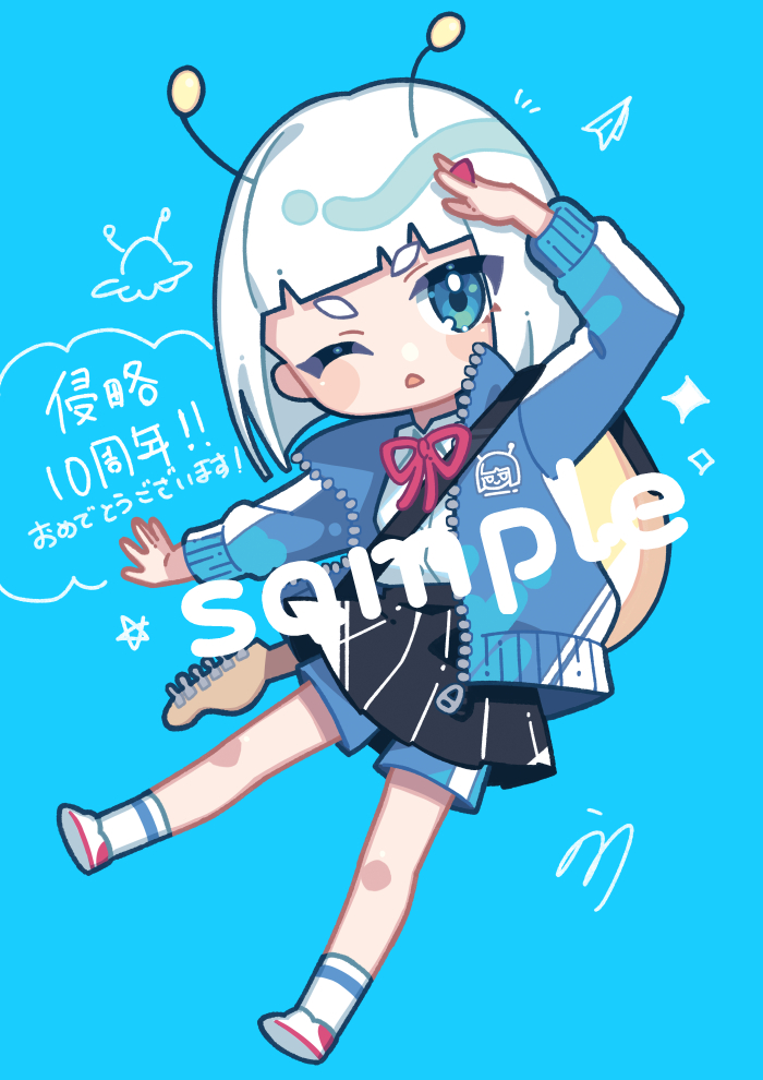 nou (nounknown), andromedako, nayutalien, nayutan sei kara no buttai, commentary request, translation request, 1girl, antennae, arm up, black skirt, blue background, blue eyes, blue jacket, blue shorts, blush stickers, chibi, collared shirt, dress shirt, full body, guitar, gym shorts, instrument, instrument on back, jacket, long sleeves, looking at viewer, neck ribbon, one eye closed, open clothes, open jacket, parted lips, puffy long sleeves, puffy sleeves, red ribbon, ribbon, shirt, shoe soles, shoes, short eyebrows, short sleeves, shorts, shorts under skirt, simple background, skirt, socks, solo, thick eyebrows, v-shaped eyebrows, white hair, white shirt, white shoes, white socks