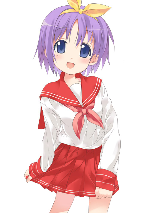 mizuki makoto, hiiragi tsukasa, lucky star, 00s, 1girl, :d, blue eyes, blush, cowboy shot, female focus, hair ribbon, long sleeves, looking at viewer, neckerchief, open mouth, pink neckerchief, pleated skirt, purple hair, red skirt, ribbon, school uniform, serafuku, short hair, simple background, skirt, skirt hold, sleeves past wrists, smile, solo, white background, yellow ribbon