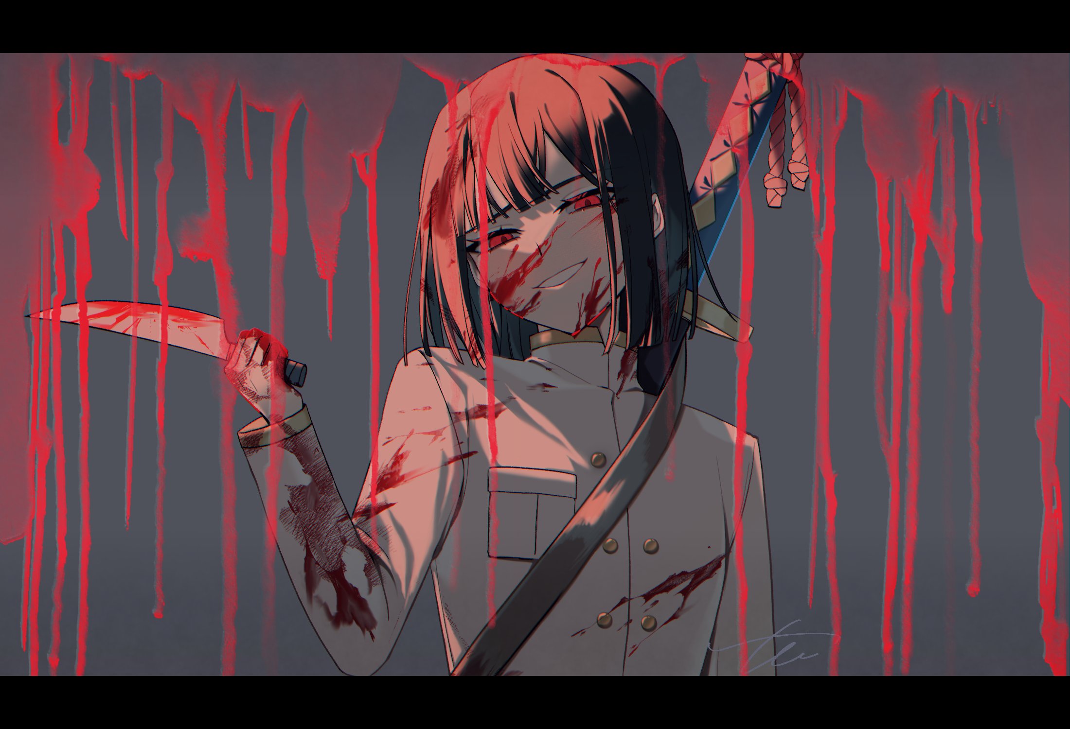 ryoshu (project moon), limbus company, project moon, commentary request, highres, 1girl, black border, black hair, blood, blood in hair, blood on clothes, blood on face, bloody knife, blunt bangs, border, breast pocket, buttons, grey background, hand up, holding, holding knife, implied murder, jacket, katana, knife, long sleeves, looking at viewer, mandarin collar, military jacket, military uniform, official alternate costume, pocket, r.b. (identity) (project moon), red eyes, rope, short hair, signature, smile, solo, sword, te4 p0t, teeth, upper body, weapon, weapon on back, white jacket