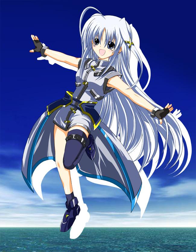 reinforce zwei, lyrical nanoha, mahou shoujo lyrical nanoha, tagme, 00s, asymmetrical clothes, bug, fly, smile, thighhighs