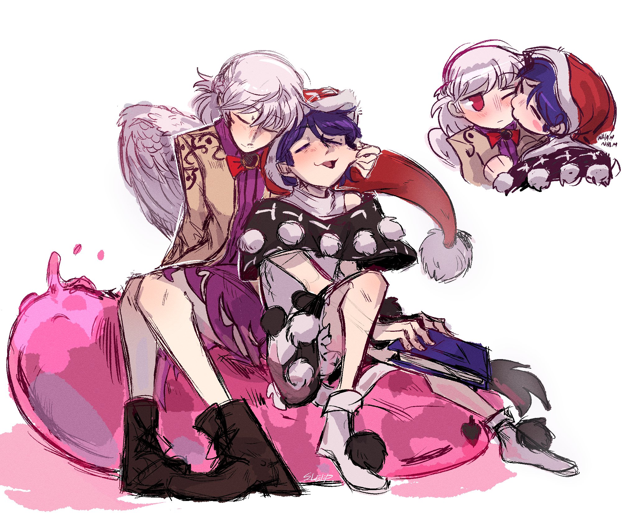 sleep (isliping), doremy sweet, kishin sagume, touhou, highres, book, boots, cheek pull, hat, holding, holding book, kiss, kissing cheek, nightcap, purple hair, ribbon, white hair