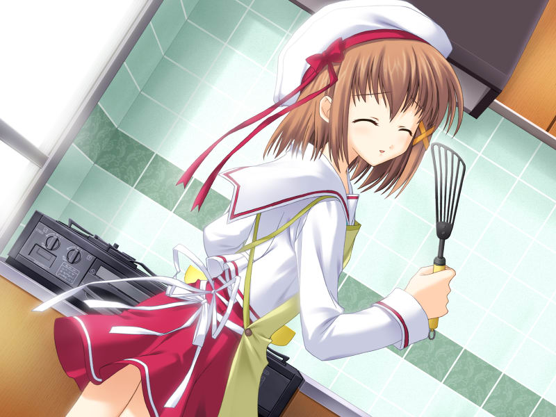 mitha, konosaka kirino, gift (game), gift eternal rainbow, game cg, tagme, 00s, 1girl, apron, brown hair, closed eyes, cooking, female focus, school uniform, serafuku, short hair, skirt, solo