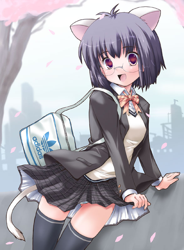 adidas, artist request, character request, copyright request, tagme, 1girl, animal ears, cat ears, cat tail, female focus, glasses, panties, school uniform, serafuku, solo, tail, thighhighs, underwear
