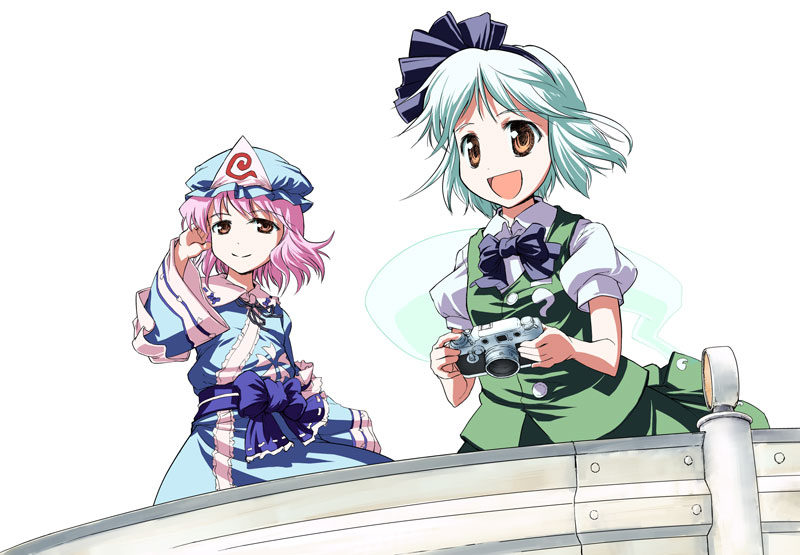 konpaku youmu, konpaku youmu (ghost), saigyouji yuyuko, touhou, silver hair, 1girl, boat, camera, dress, female focus, hat, pink hair, red eyes, skirt, solo, watercraft, white background