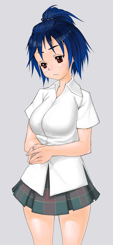 blue hair, red eyes, school uniform, serafuku, short hair, skirt