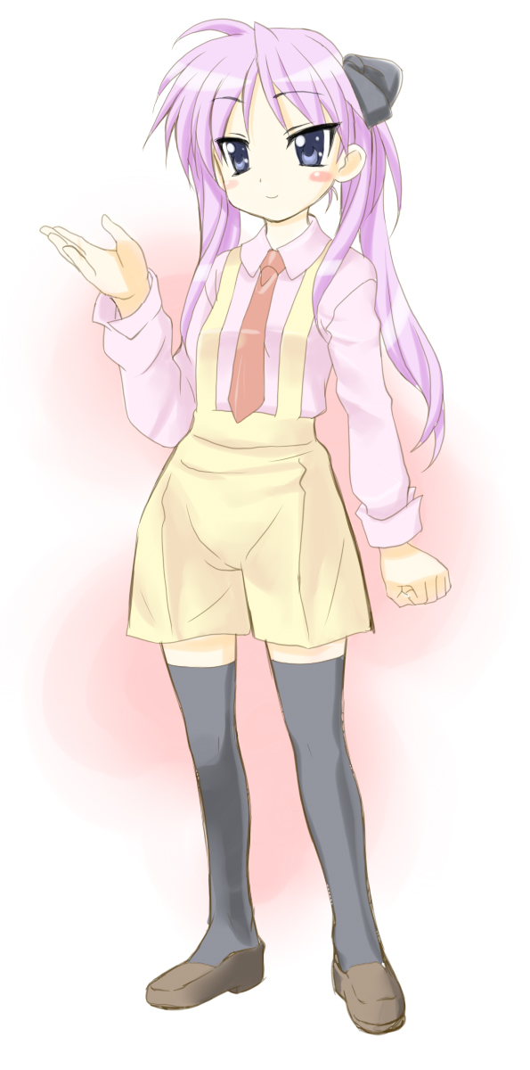g-tetsu, hiiragi kagami, lucky star, highres, 00s, 1girl, black thighhighs, female focus, gradient background, hair ribbon, necktie, purple eyes, purple hair, ribbon, school uniform, serafuku, smile, solo, suspenders, thighhighs, tsurime, twintails, zettai ryouiki