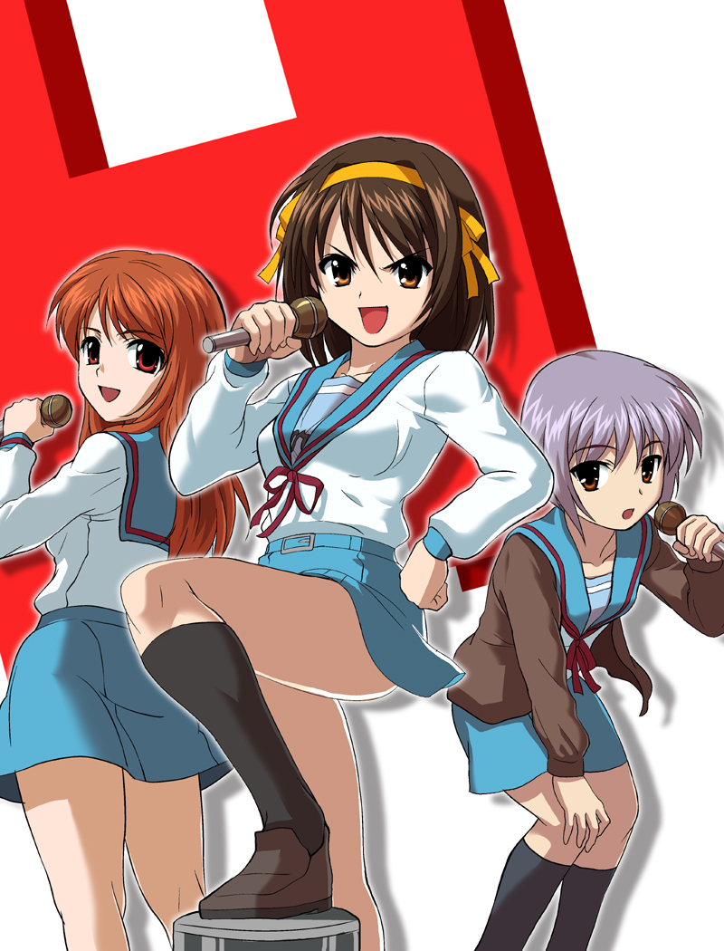 g-tetsu, asahina mikuru, nagato yuki, suzumiya haruhi, suzumiya haruhi no yuuutsu, 00s, brown hair, microphone, school uniform, serafuku, short hair