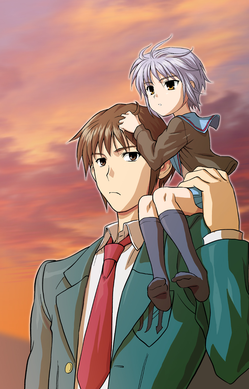 g-tetsu, kyon, nagato yuki, suzumiya haruhi no yuuutsu, brown footwear, highres, 00s, 1boy, 1girl, black socks, blue skirt, brown eyes, brown hair, expressionless, gauntlets, giant, jacket, kneehighs, loafers, long sleeves, looking at viewer, necktie, on shoulder, open clothes, open jacket, pleated skirt, purple hair, red necktie, sailor collar, school uniform, serafuku, shirt, shoes, short hair, simple background, size difference, skirt, socks, white shirt