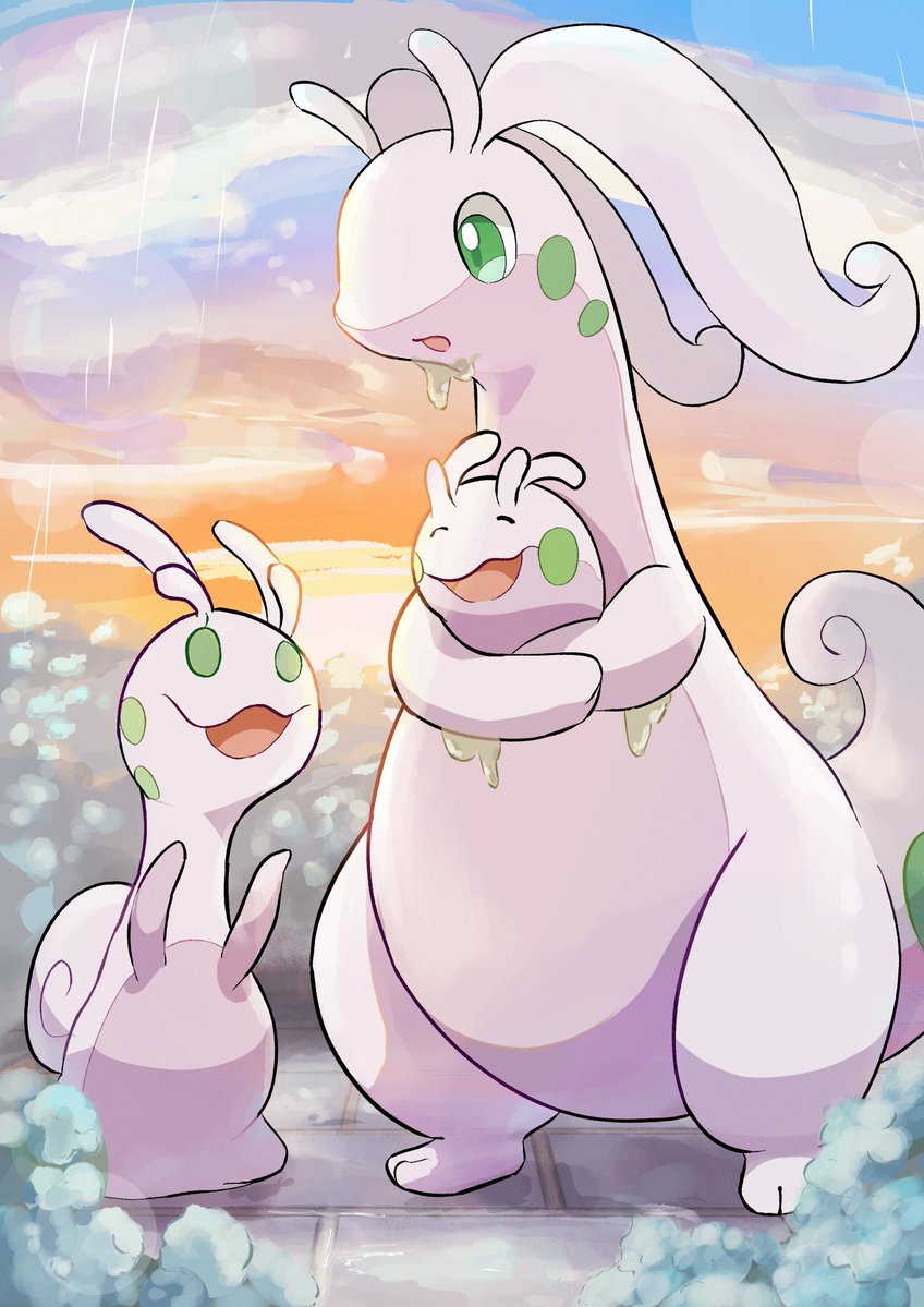 raaaichupudding, goodra, goomy, sliggoo, nintendo, pokemon, closed eyes, colored skin, evolutionary line, flower, full body, gen 6 pokemon, holding, no humans, ocean, open mouth, outdoors, pokemon (creature), pokemon focus, purple skin, sky, slime (substance), slug, smile, sunset, tail, water
