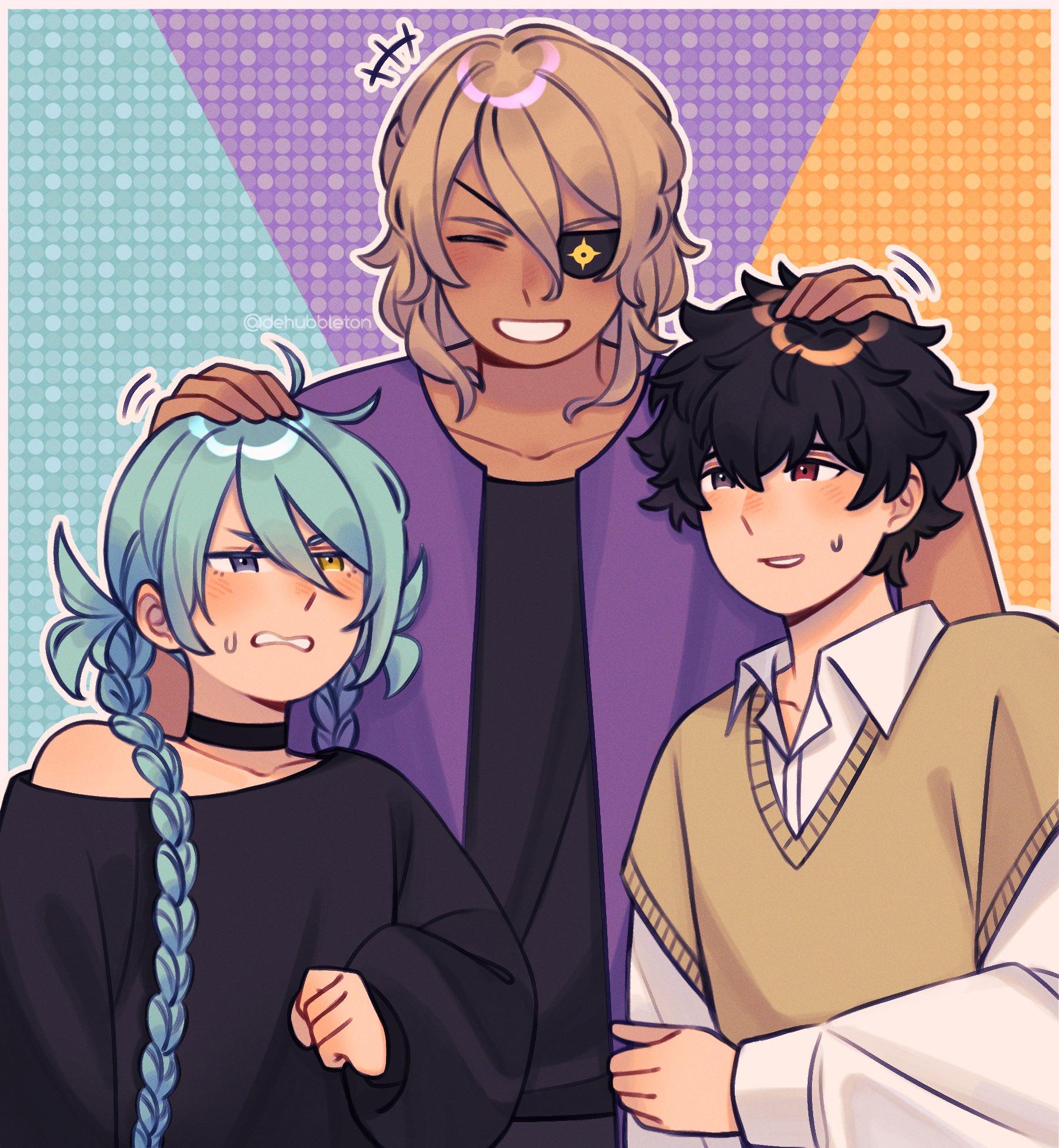 dehubbleton, date kaname, okiura mizuki, ryuki kuruto, ai the somnium files, ai the somnium files: nirvana initiative, highres, 1girl, 2boys, alternate costume, annoyed, black hair, black shirt, blonde hair, blue hair, casual, choker, closed eyes, eyepatch, grin, hand on another's head, height difference, heterochromia, multiple boys, red eyes, shirt, simple background, smile, upper body, yellow eyes