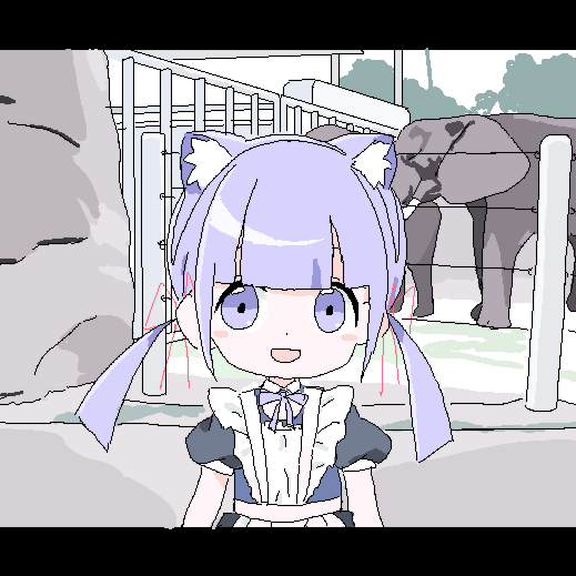 lokulo no mawashimono, lokulo-chan (lokulo no mawashimono), original, youtube, 1girl, :d, animal ear fluff, animal ears, apron, cat ears, elephant, juliet sleeves, long sleeves, low twintails, maid, maid apron, open mouth, parody, puffy sleeves, purple eyes, purple hair, smile, twintails, zoo