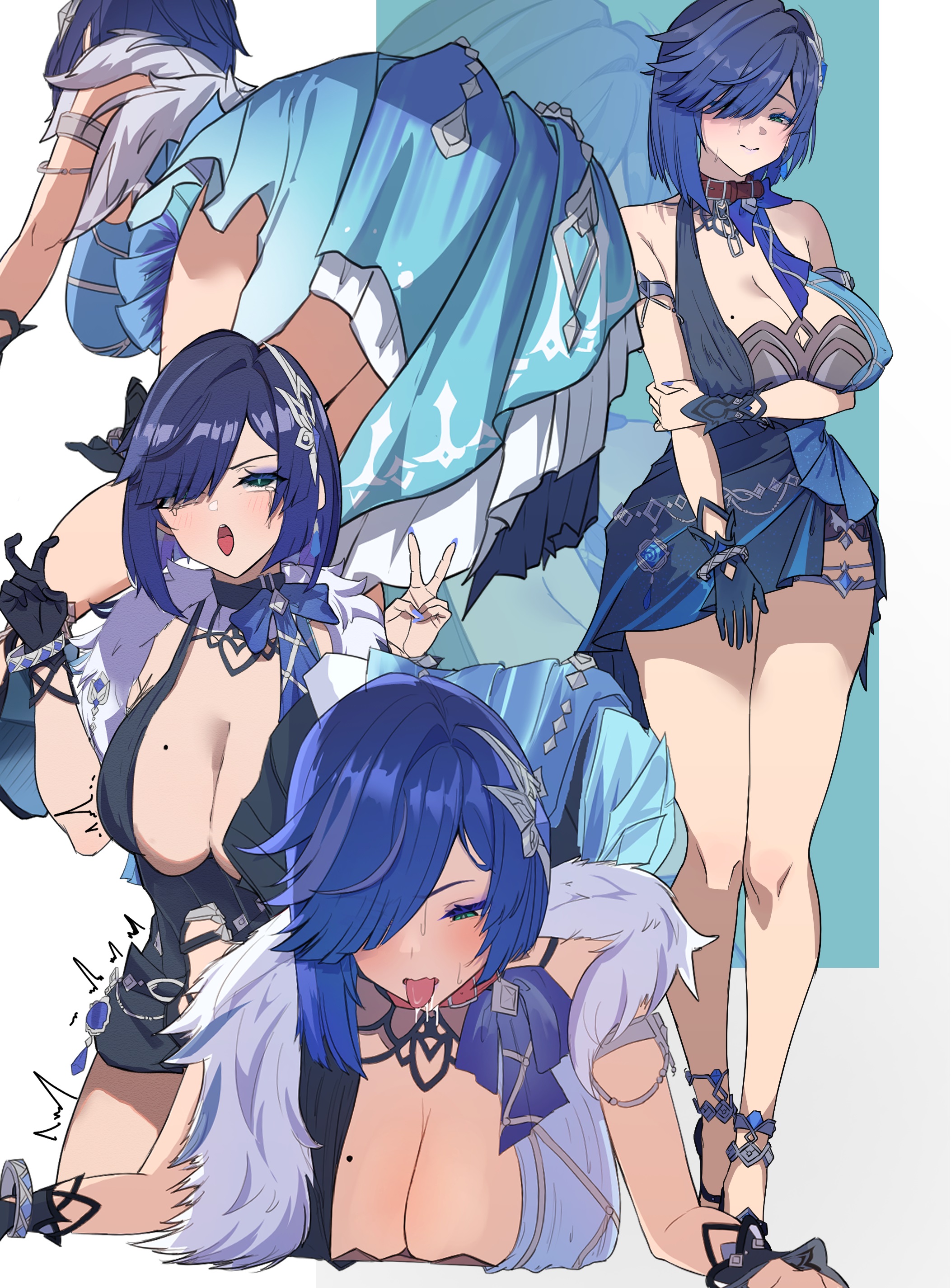 yelan (genshin impact), yelan (tranquil banquet) (genshin impact), genshin impact, absurdres, commentary request, highres, 1girl, aqua eyes, arm under breasts, armlet, bent over, blue dress, blue hair, blue nails, bracelet, breasts, choker, cleavage, closed mouth, collar, dress, feather boa, gloves, hair ornament, hair over one eye, halter dress, halterneck, high heels, jewelry, large breasts, mole, mole on breast, multiple views, open mouth, short hair, silver thighlet, single glove, smile, tongue, tongue out, two-tone dress, v, ynfkin