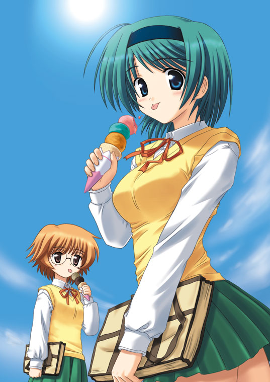 kishi nisen, yamada michiru, yoshioka chie, to heart (series), to heart 2, 00s, :p, ahoge, bag, blue eyes, brown eyes, food, glasses, green hair, hairband, ice cream, orange hair, pleated skirt, school bag, school uniform, serafuku, short hair, skirt, tongue, tongue out, vest