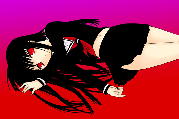 saki chisuzu, enma ai, jigoku shoujo, 00s, 1girl, black hair, black serafuku, blunt bangs, female focus, hime cut, school uniform, serafuku, solo